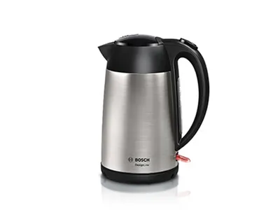 A sleek stainless steel electric kettle with a black plastic handle and lid, branded with the Bosch logo.