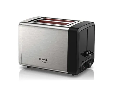 Stainless steel Bosch toaster with dual slots and a black side panel, featuring adjustable settings and a cancel button.