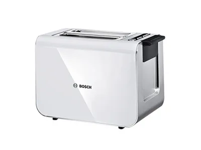 Torradeira branca da Bosch com um design elegante, apresentando uma única ranhura e botões de controle na parte superior para configurações de tostagem.