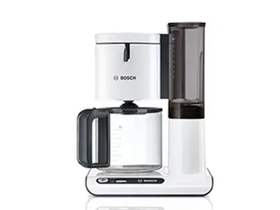 A Bosch coffee maker with a carafe on a white background.