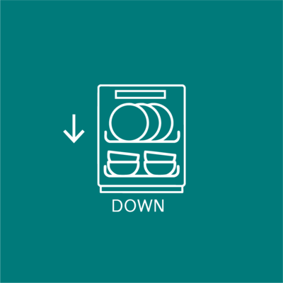 
         Illustreret ikon af en fuld opvaskemaskine med store tallerkener &oslash;verst og en pil, der peger nedad.
        