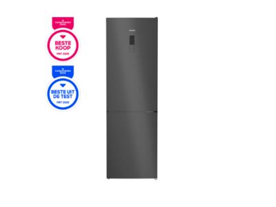 Roestvrijstalen koelkast met vriesvak, energie-efficiëntie labels, modern design.