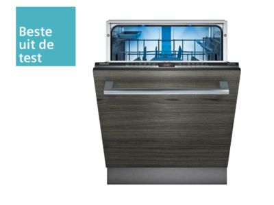 Volledig geïntegreerde vaatwasser met strak, modern design en "Beste uit de test" label.