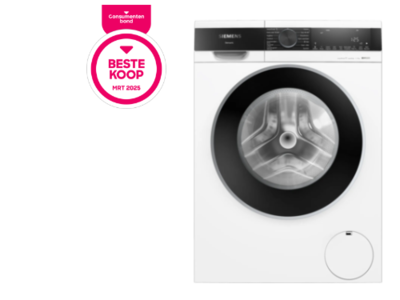 Wasmachine met "Beste koop" award sticker, front-loading ontwerp, witte kleur. 