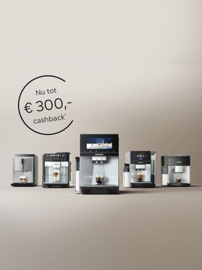 Nu tot € 300,- cashback op geselecteerde Siemens EQ espresso volautomaten.