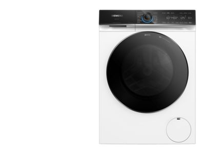 Moderne witte wasmachine, zwart bedieningspaneel en grote ronde deur. 
