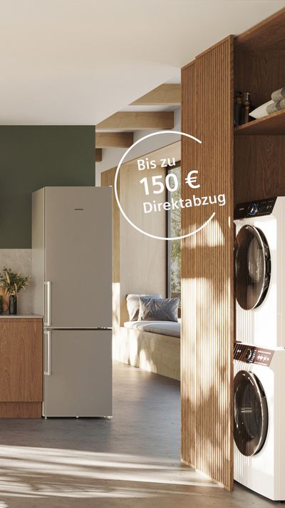 Grüner Raum mit vielen Pflanzen und Siemens Hausgeräten und dem Hinweis auf die aktuelle Aktion mit bis zu 150 € Direktabzug im Siemens Online Shop