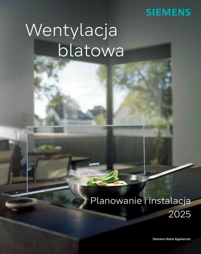 Wentylacja, urządzenia kuchenne, planowanie i instalacja, marka Siemens, niewyraźny widok na zewnątrz.