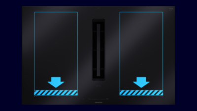 Obrázek indukční varné desky s flexZone. Na obrázku jsou nakreslené obdélníky, které vymezují oblasti flexZone.   