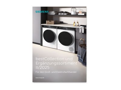 Siemens 2025 Katalog mit Waschmaschine und Trockner im modernen Waschraum.