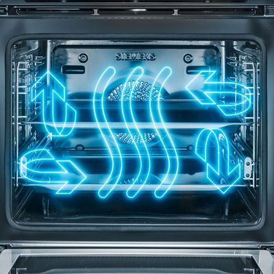 Image of a Siemens oven interior showing blue arrows and waves indicating airflow and heat distribution.