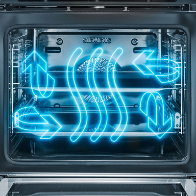 A futuristic oven interior displaying a stylized pizza and blue glowing heat and airflow icons, illustrating cooking technology.