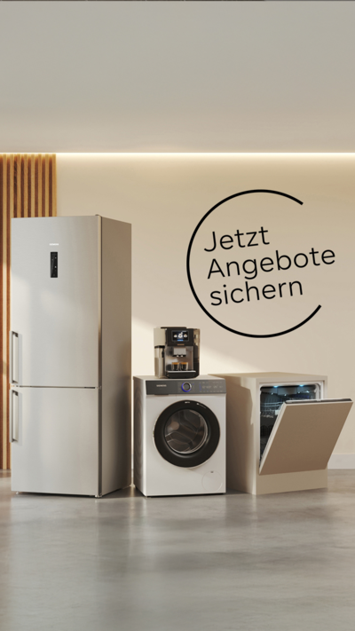 Eine moderne Küchenszene mit einem Siemens-Kühlschrank, einer Waschmaschine, einer Kaffeemaschine und einem Geschirrspüler – ergänzt durch einen Werbetext "Jetzt Angebote sichern"