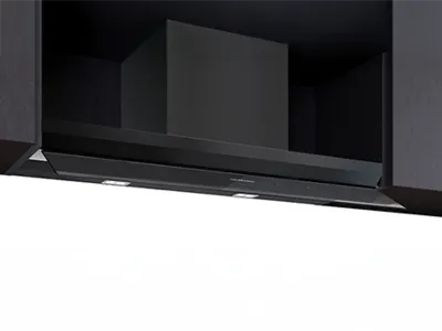 A black Siemens under-cabinet range hood with built-in lights and a sleek design.