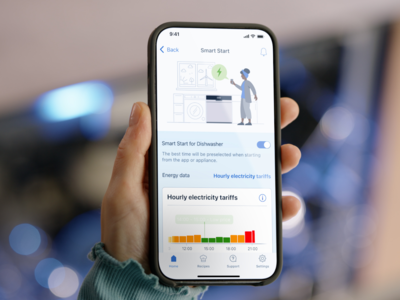 Siemens Smart Start Funktion für Geschirrspüler auf Smartphone-App, zeigt energieoptimierten Startzeitpunkt basierend auf Stromtarifen.