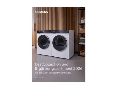 Siemens 2026 Katalog mit Waschmaschine und Trockner im modernen Waschraum.