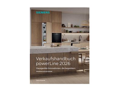 Titelbild Katalog Siemens PowerLine 2026 mit stilvoller Küche und innovativen Geräten.