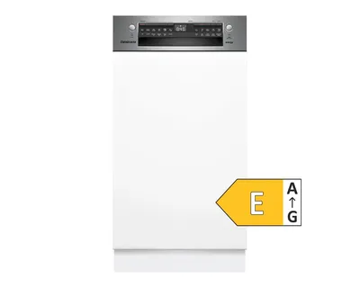 Schlanke, moderne Spülmaschine mit einem Bedienfeld aus Edelstahl. Das digitale Display zeigt die Zyklusoptionen an und vermittelt Effizienz und hochmodernes Design.