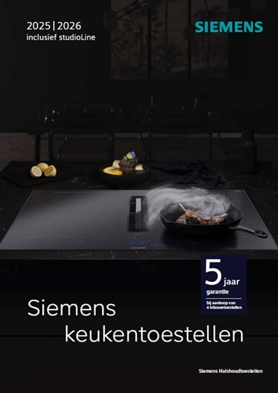 Siemens keukenapparatuur display met Gamma 2025 studioline en 5 jaar garantie informatie.