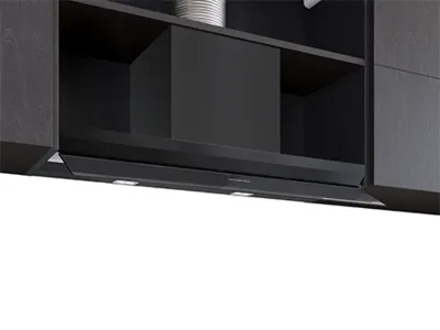 A black Siemens under-cabinet range hood with built-in lights and a sleek design.