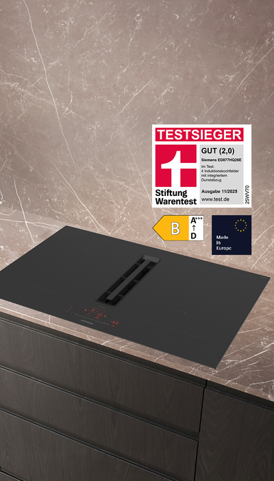 Siemens Induktionskochfeld mit integriertem Dunstabzug ED877HQ26E – Testsieger bei Stiftung Warentest mit dem Qualitätsurteil GUT (2,0), Ausgabe 11/2025.