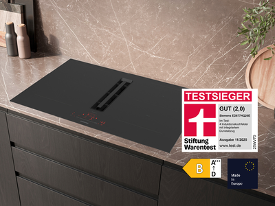 Siemens Induktionskochfeld mit integriertem Dunstabzug ED877HQ26E – Testsieger bei Stiftung Warentest mit dem Qualitätsurteil GUT (2,0), Ausgabe 11/2025.