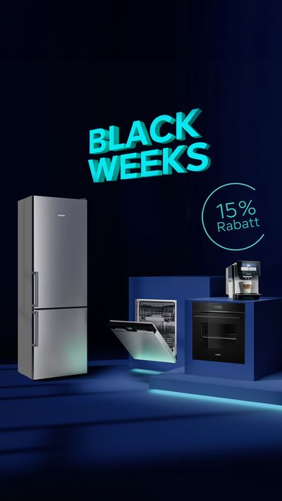Dunkelblauer Raum mit Hausgeräten von Siemens und dem Hinweis auf die aktuelle Black Weeks Aktion mit 15 % Rabatt im Siemens Online Shop