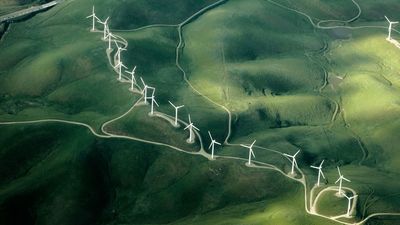 Overhead view of numerous wind turbines