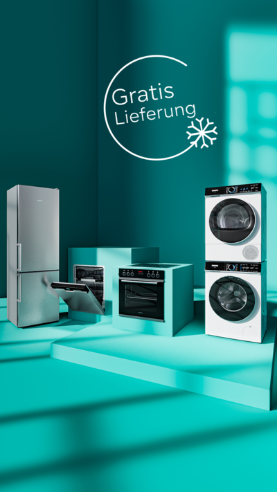 Mehrere weiße und silberne Siemens-Haushaltsgeräte: Kühlschrank, geöffneter Geschirrspüler, Backofen, gestapelte Waschmaschine und Trockner vor türkisfarbenem Hintergrund. In der Mitte befindet scih ein Störer mit dem Text: Gratis Lieferung