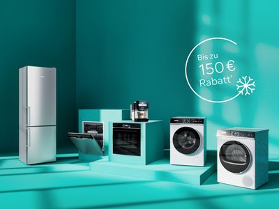 Petrolfarbener Raum mit Hausgeräten von Siemens und dem Hinweis auf die aktuelle Winter-Aktion mit bis zu 150 € Rabatt im Siemens Online Shop