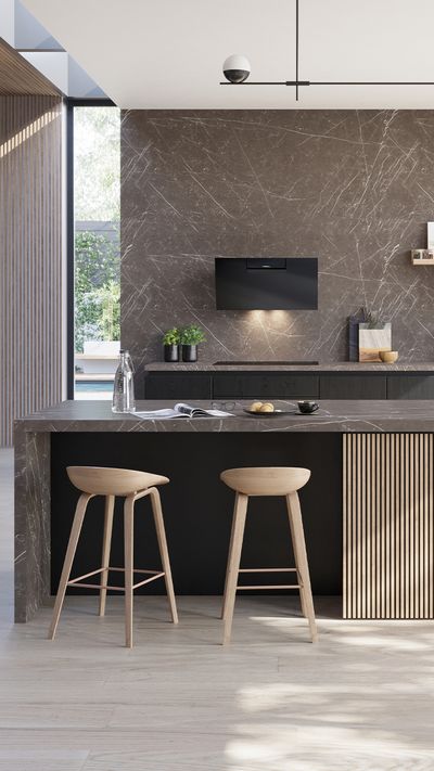 Image of a custom Siemens kitchen design, consisting of a one wall shape and kitchen island with a sink and Siemens hob