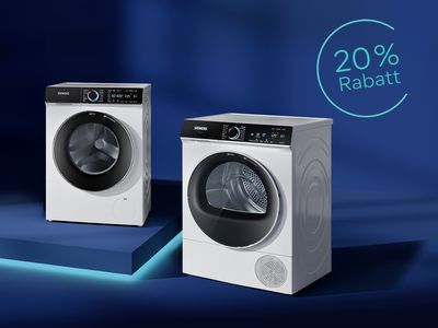 Dunkelblauer Raum mit Hausger&auml;ten von Siemens und dem Hinweis auf die Siemens Days mit 20 % Rabatt im Siemens Online Shop