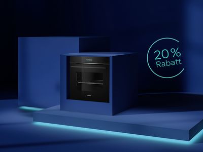 Dunkelblauer Raum mit Hausger&auml;ten von Siemens und dem Hinweis auf die Siemens Days mit 20 % Rabatt im Siemens Online Shop