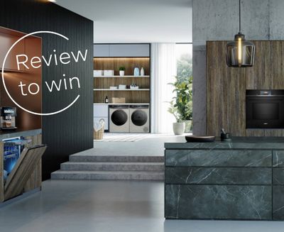 Siemens appliances in kitchen with review to win overlay