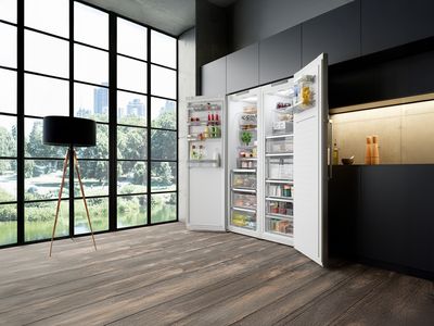 Un frigorifero e un congelatore progettati da Siemens in una cucina moderna, con ampie finestre e una vista su un parco: sono aperti e al loro interno si vedono i vari cassetti in perfetto ordine.