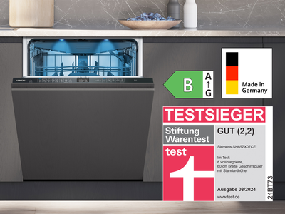 Frontansicht des Siemens Geschirrsp&uuml;lers SN65ZX07CE der von Stiftung Warentest mit dem Testsieg ausgezeichnet wurde