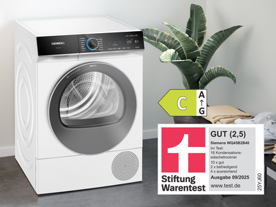 Siemens Trockner WQ45B2B40 ausgezeichnet von Stiftung Warentest.