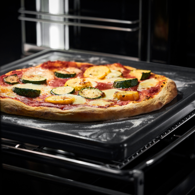 Frisch gebackene Pizza auf Backblech im Siemens iQ700 Backofen.