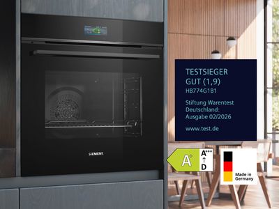 Mehrere Siemens Einbau-Back&ouml;fen mit Testergebnissen von Stiftung Warentest.