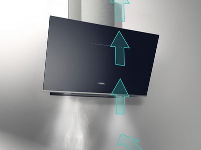 Nowoczesny czarny okap ścienny z graficznymi strzałkami pokazującymi kierunek przepływu powietrza.