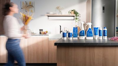 Comptoir moderne avec produits m&eacute;nagers et fleurs s&eacute;ch&eacute;es, sur fond d&rsquo;int&eacute;rieur &eacute;l&eacute;gant.