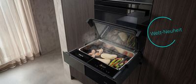 studioine Dampfschublade unter einer K&uuml;chenzeile eingebaut. Die Dampfschublade von Siemens kann flexibel eingebaut werden.