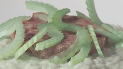 Risotto al Gongorzola Piccante, Mortadella di Fegato e Sedano croccante
