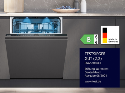 Frontansicht des Siemens Geschirrsp&uuml;lers SN65ZX07CE der von Stiftung Warentest Deutschland mit dem Testsieg ausgezeichnet wurde