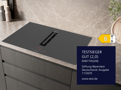 Siemens Induktionskochfeld mit integriertem Dunstabzug ED877HQ26E &ndash; Testsieger bei Stiftung Warentest Deutschland mit dem Qualit&auml;tsurteil GUT (2,0), Ausgabe 11/2025.