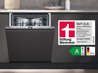 Frontansicht des Siemens Geschirrsp&uuml;lers SN63EX22CE der von Stiftung Warentest ausgezeichnet wurde