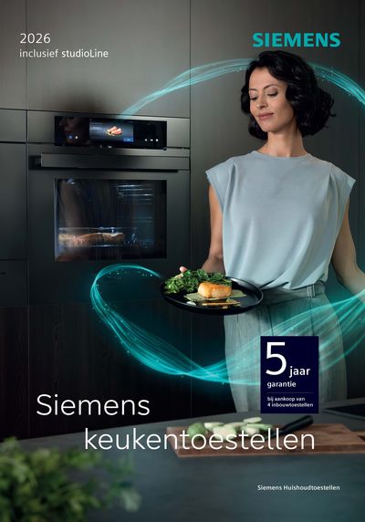 Siemens keukenapparatuur display met Gamma 2025 studioline en 5 jaar garantie informatie.