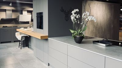 Cucina moderna con eleganti controsoffitti neri, elettrodomestici in acciaio inossidabile e armadietto in legno.
