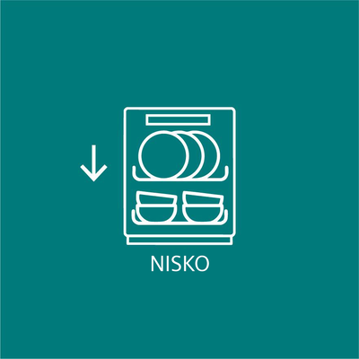 Podświetlona ikona pełnej zmywarki z dużymi talerzami na g&oacute;rze i strzałką skierowaną do dołu. 