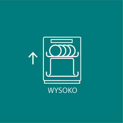 Podświetlona ikona pełnej zmywarki z dużym garnkiem na dole i strzałką skierowaną do g&oacute;ry.